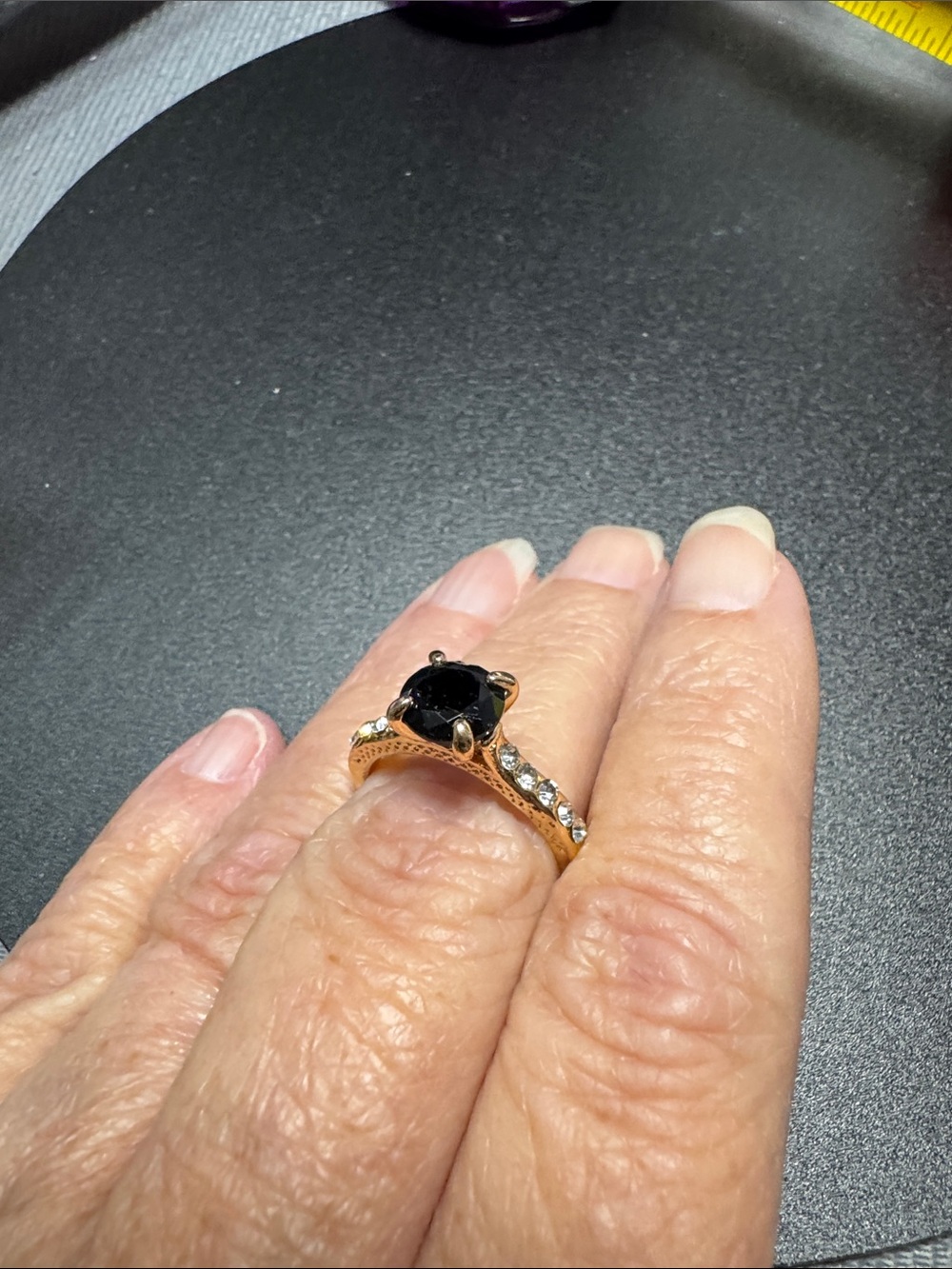 Source Unknown Gold Ring with Black Center Stone and Clear Accents Contemporary